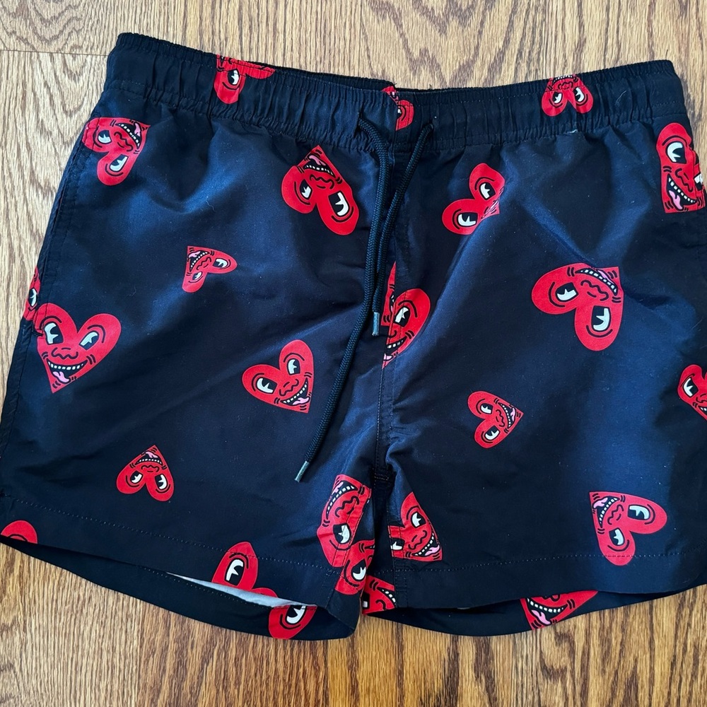 Pacsun Keith Haring Black and Red Heart Patterned Swim Shorts